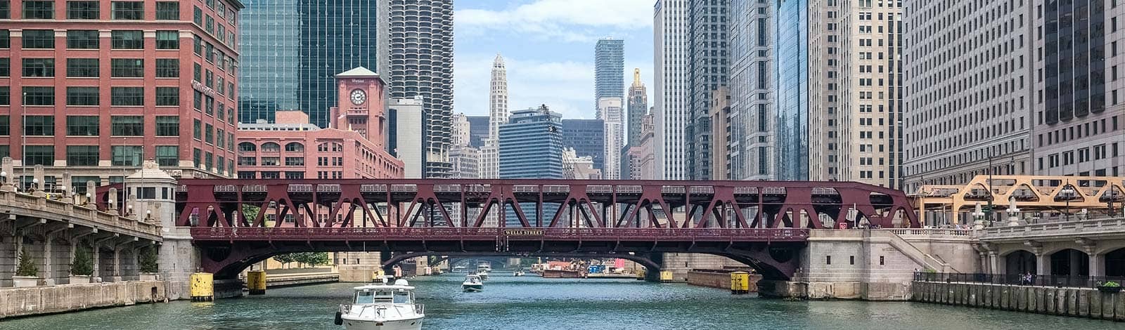A view of the Chicago skyline behind Wells Street bridge, taken from the Chicago River.